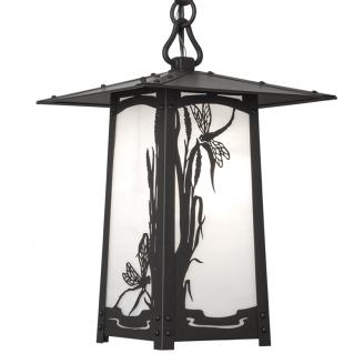 Craftsman Pendant Light with Dragonfly filigree. Hanging lantern in black finish with white glass. 